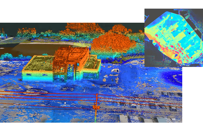 A multi-panel image combining a map and a 3D point cloud, illustrating building elevations and street-level details