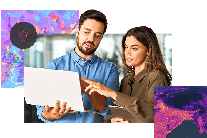Two people looking at a laptop screen displaying educational data visualizations and resources.