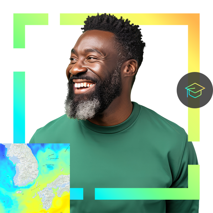 A smiling  man  is centered against a background that blends maps, geometric shapes, and a graduation cap icon