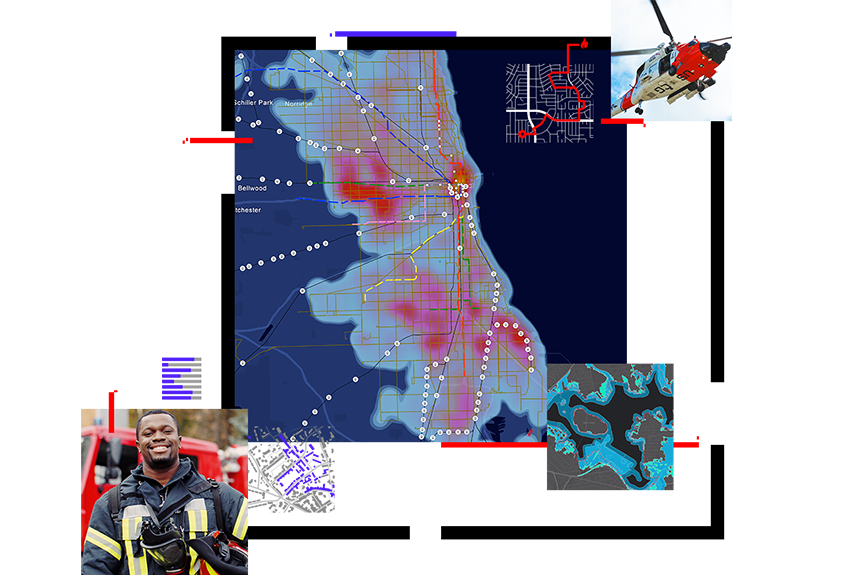 Una grande mappa della pubblica sicurezza al centro e immagini più piccole intorno ad essa di un vigile del fuoco, un elicottero di soccorso e una mappa