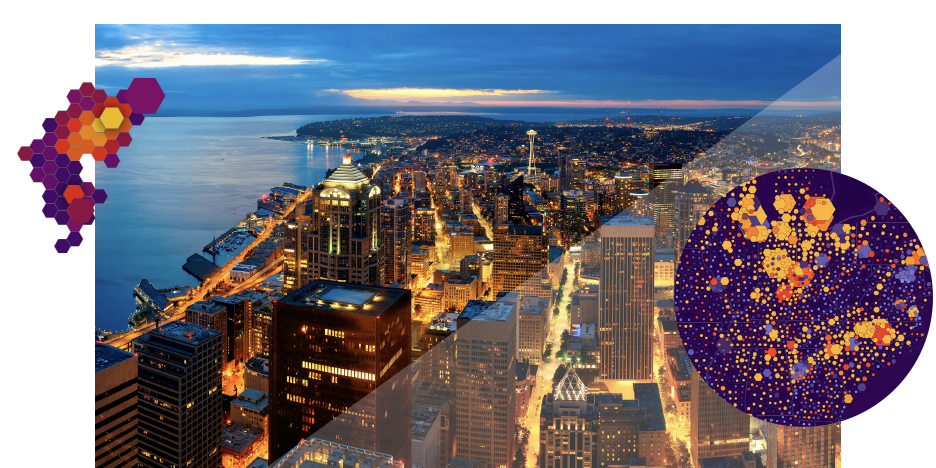 An aerial photo of a city brightly lit in shades of gold and amber under a cloudy blue twilight sky, overlaid with a small concentration map and an abstract hexagonal grid