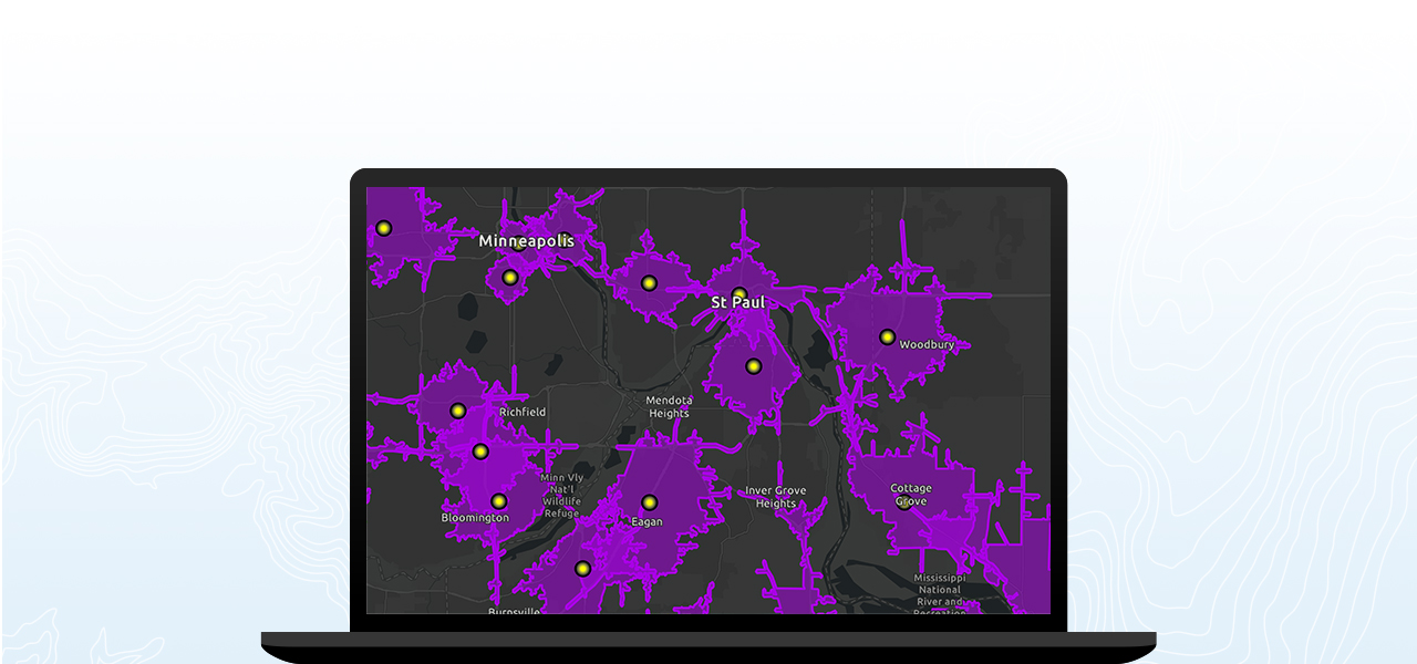 Map showing drive times around St. Paul, Minnesota