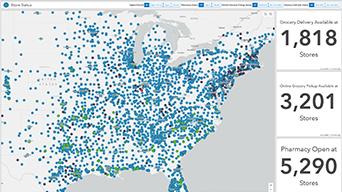 Map of the United States showing dots for store locations