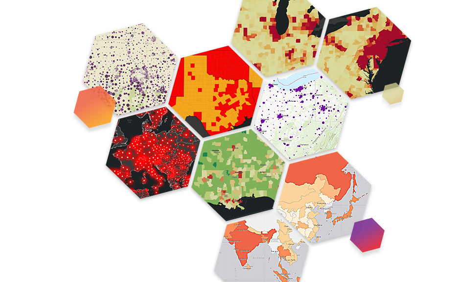 Colorful map hexagons with varying scenes