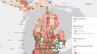 Map of Michigan showing transportation information such as rest areas and roadside parks