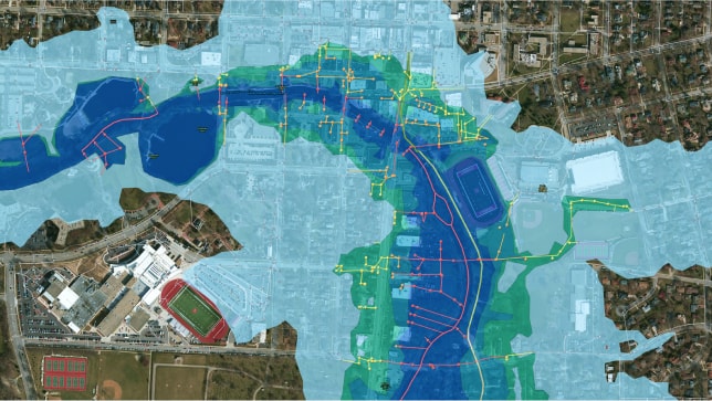 Mappa di un'area sviluppata con un'ombreggiatura blu 