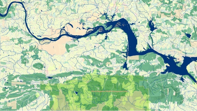 Mappa di un fiume e un territorio circostante